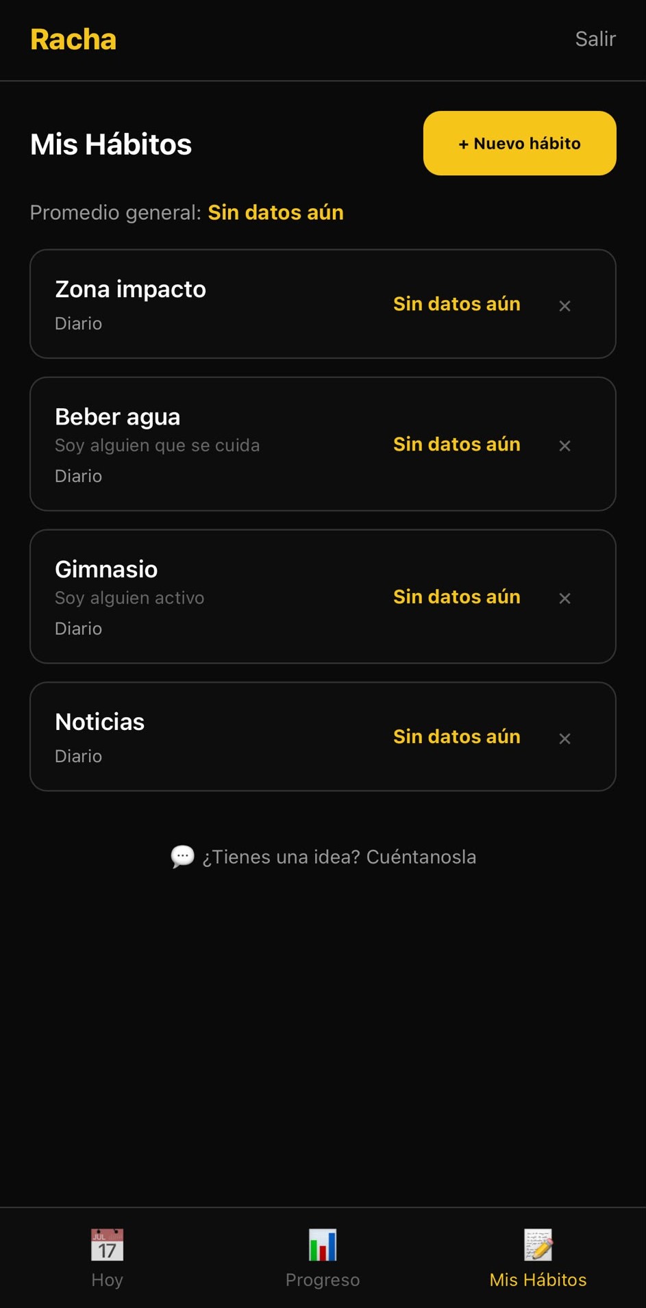 Pantalla Mis Hábitos de Racha con la lista de hábitos creados