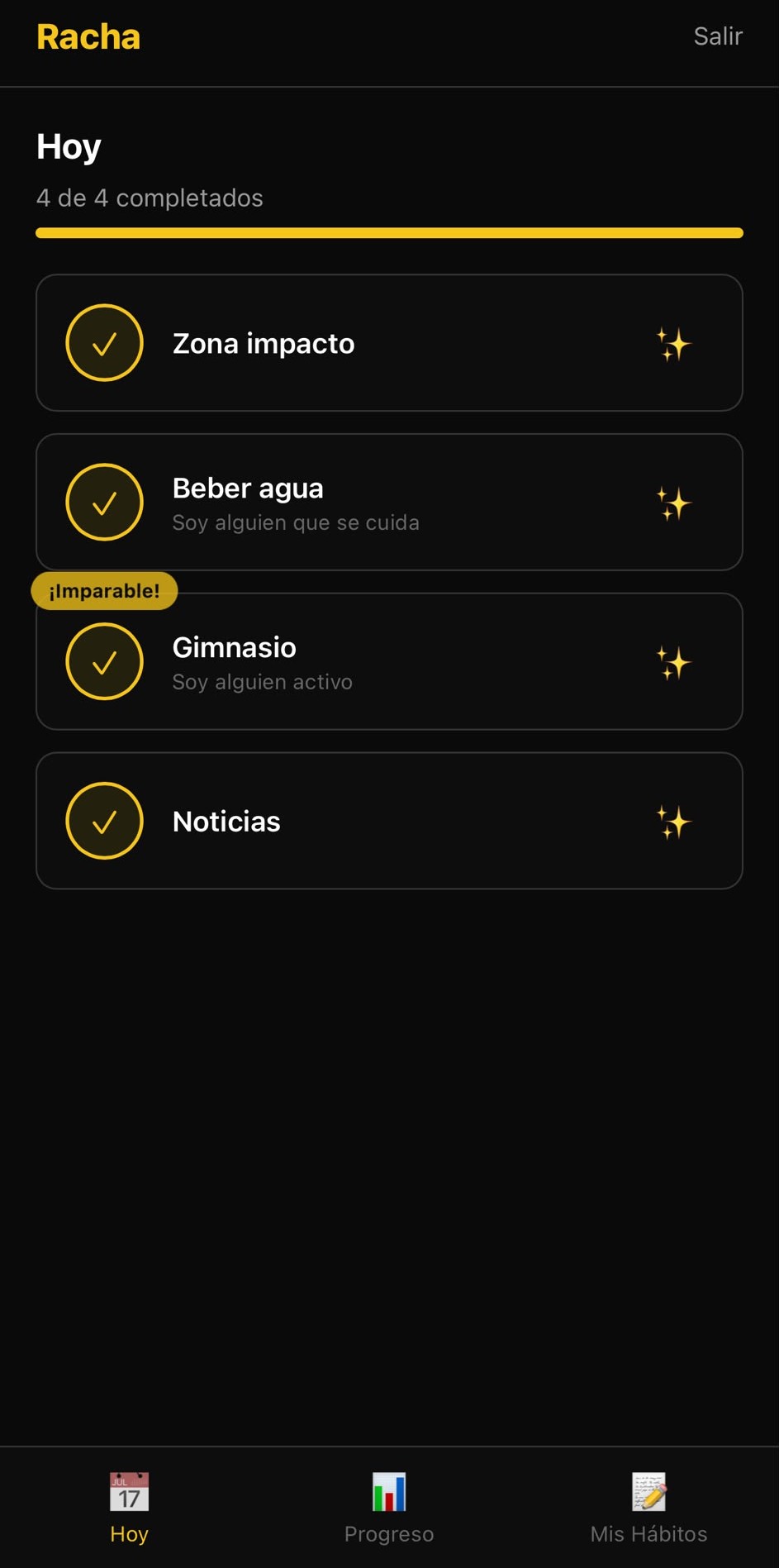 Pantalla Hoy de Racha, con los hábitos del día marcados como completados