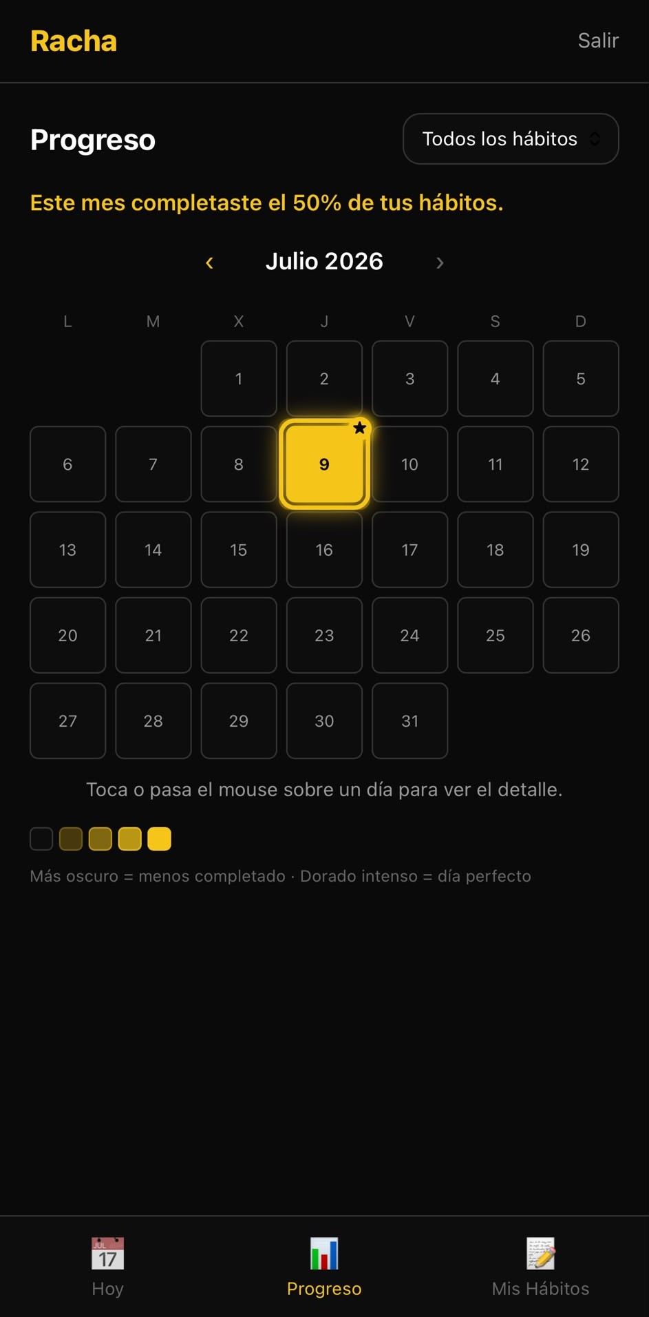 Calendario mensual de progreso de Racha con los días completados en dorado